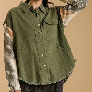 NWT Umgee Olive Denim Mixed Media Jacket | Boho Shacket